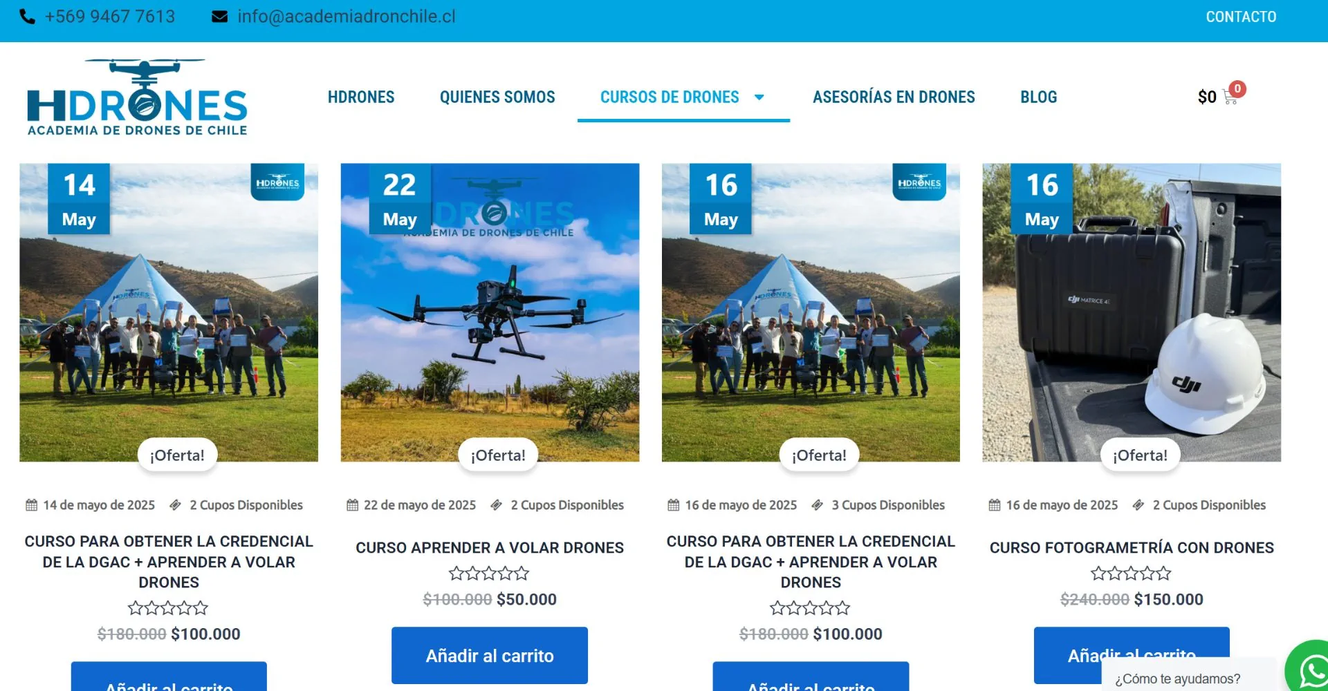 Sitio web de Academia Drone Chile con galería de cursos